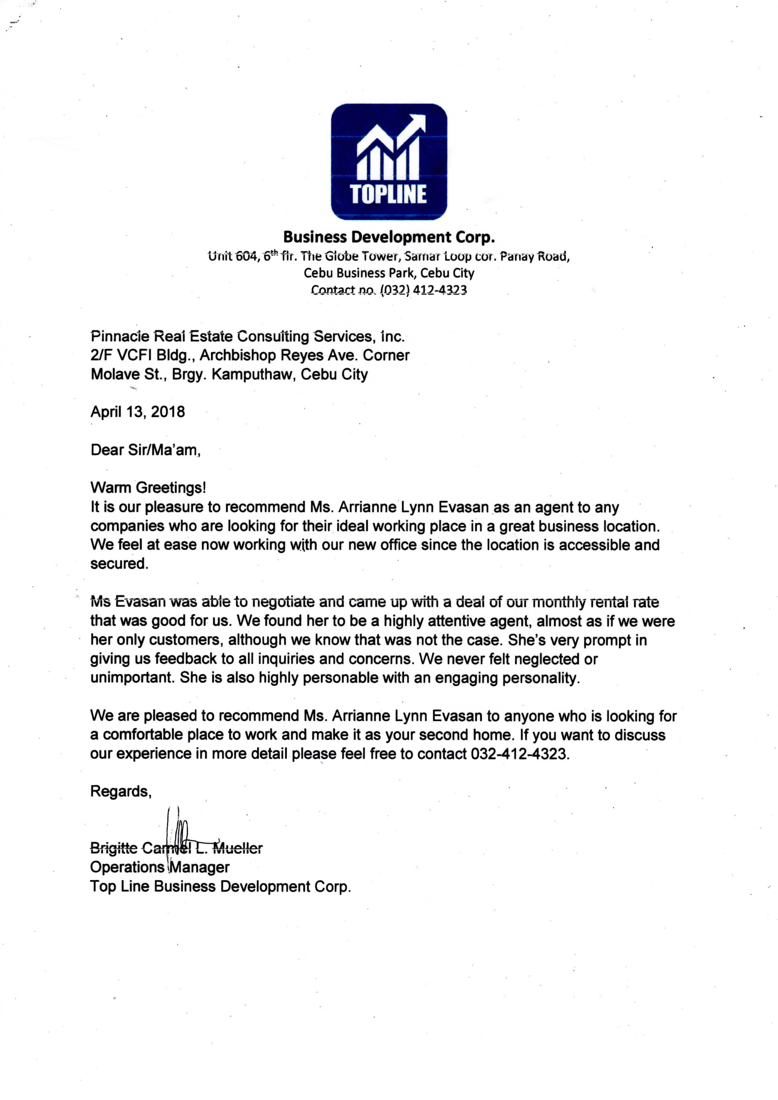 Commendation Letter from Top Line Business Development Corp. to Pinnacle